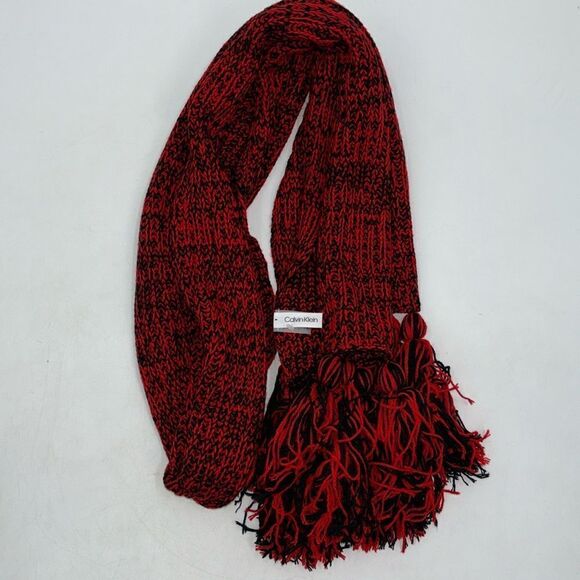 Calvin Klein Knit Fringe Scarf Red and Black - Picture 4 of 7